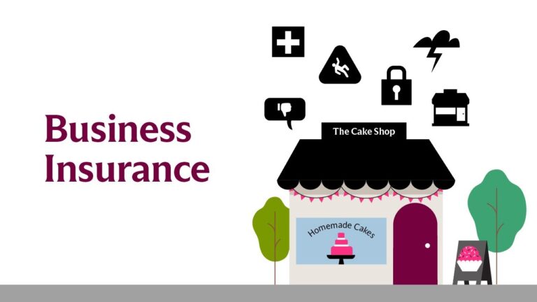 Texas business insurance illustration showing a small cake shop protected from risks like liability, property damage, theft, and employee injuries.