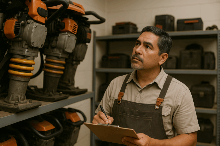 Texas contractor inspecting work equipment in a workshop while completing an inventory checklist, illustrating the importance of annual commercial insurance reviews and business risk assessment for TGH Insurance in Willis, TX