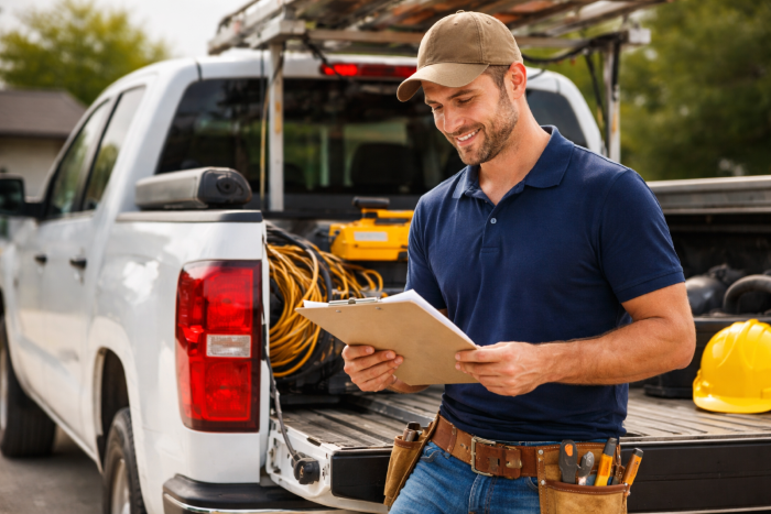 Texas contractor reviewing job details beside his work truck, representing commercial auto and business insurance needs.