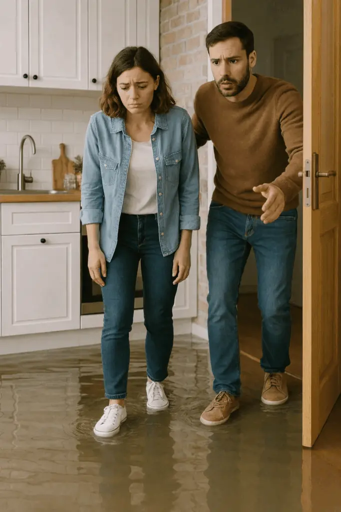 Stressed homeowner in Willis TX discovering a low Texas home insurance water damage limit after a kitchen flood