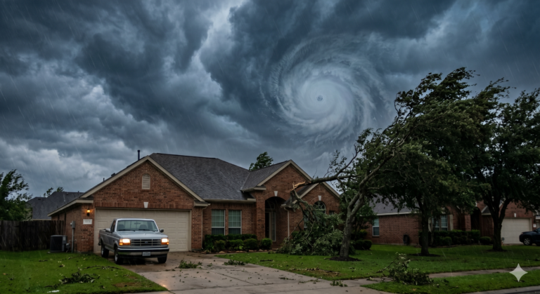 menancing swirling hurricane clouds over a home in Willis TX illustrating a named storm deductible risk