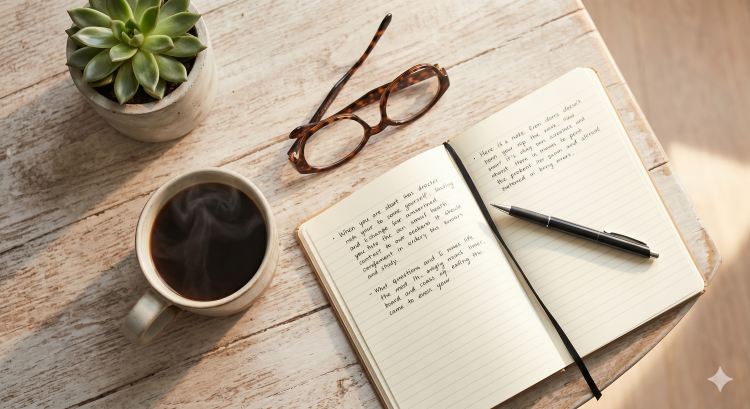 Overhead flat lay photograph of a steaming ceramic mug of coffee, an open notebook with handwritten notes and a pen, and a small potted succulent plant on a rustic wooden table, illuminated by natural morning light.