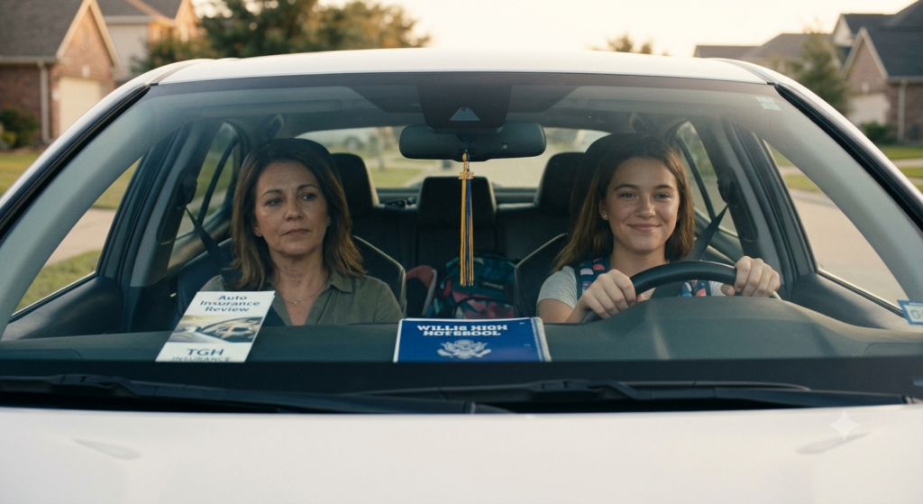 A mother and newly licensed teenager smiling safely inside a sedan during back-to-school season while discussing Auto Insurance Willis TX with TGH Insurance