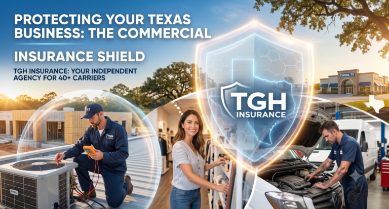 A TGH Insurance graphic asset featuring an HVAC technician, a retail business owner, and an auto mechanic protected under a glowing shield. Text overlay reads: Protecting Your Texas Business: The Commercial Insurance Shield. TGH Insurance: Your Independent Agency for 40+ Carriers.