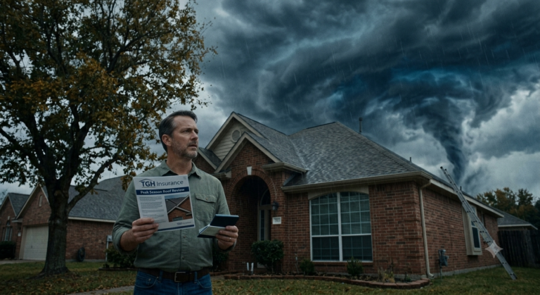 A concerned Willis homeowner inspecting his roof under dramatic storm clouds to prepare for peak hurricane season with Home Insurance Willis TX review